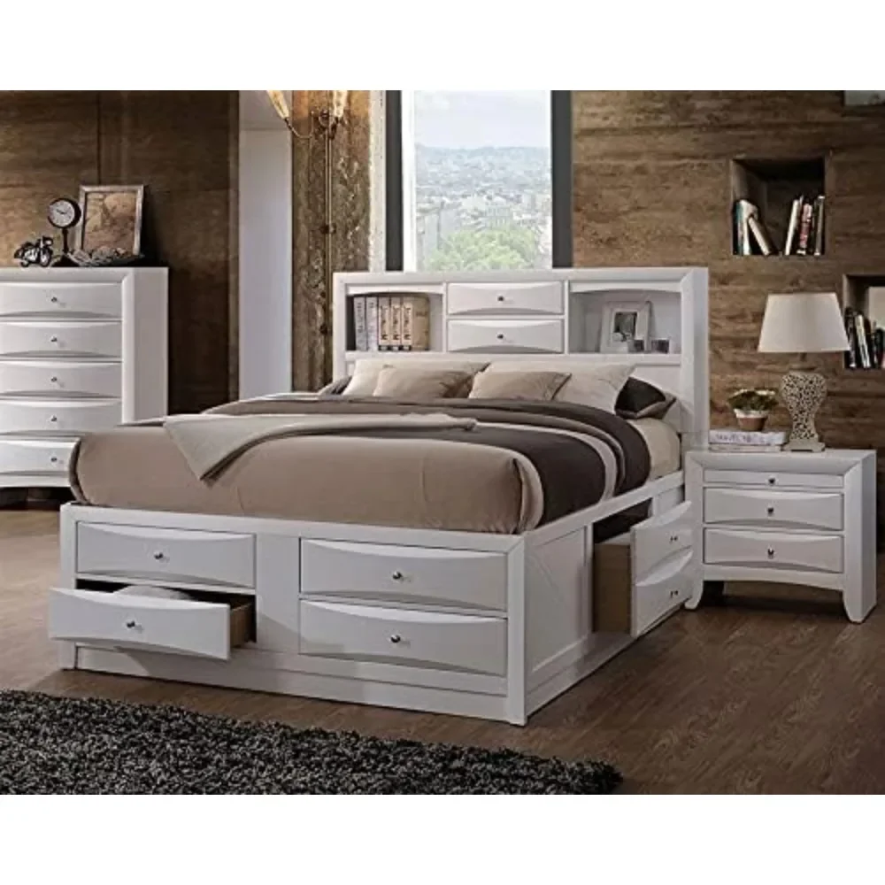 Ireland Wood Bed Frame with Storage Drawers and Headboard Shelf, Bed Frame for Guest Room and Master Bedroom