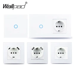 Wallpad EU 1/2/3Gang Touch Light 1 Way Wall Sensor Switch Type-c USB Sockets Euro Standard Glass Panel Blue Backlight White