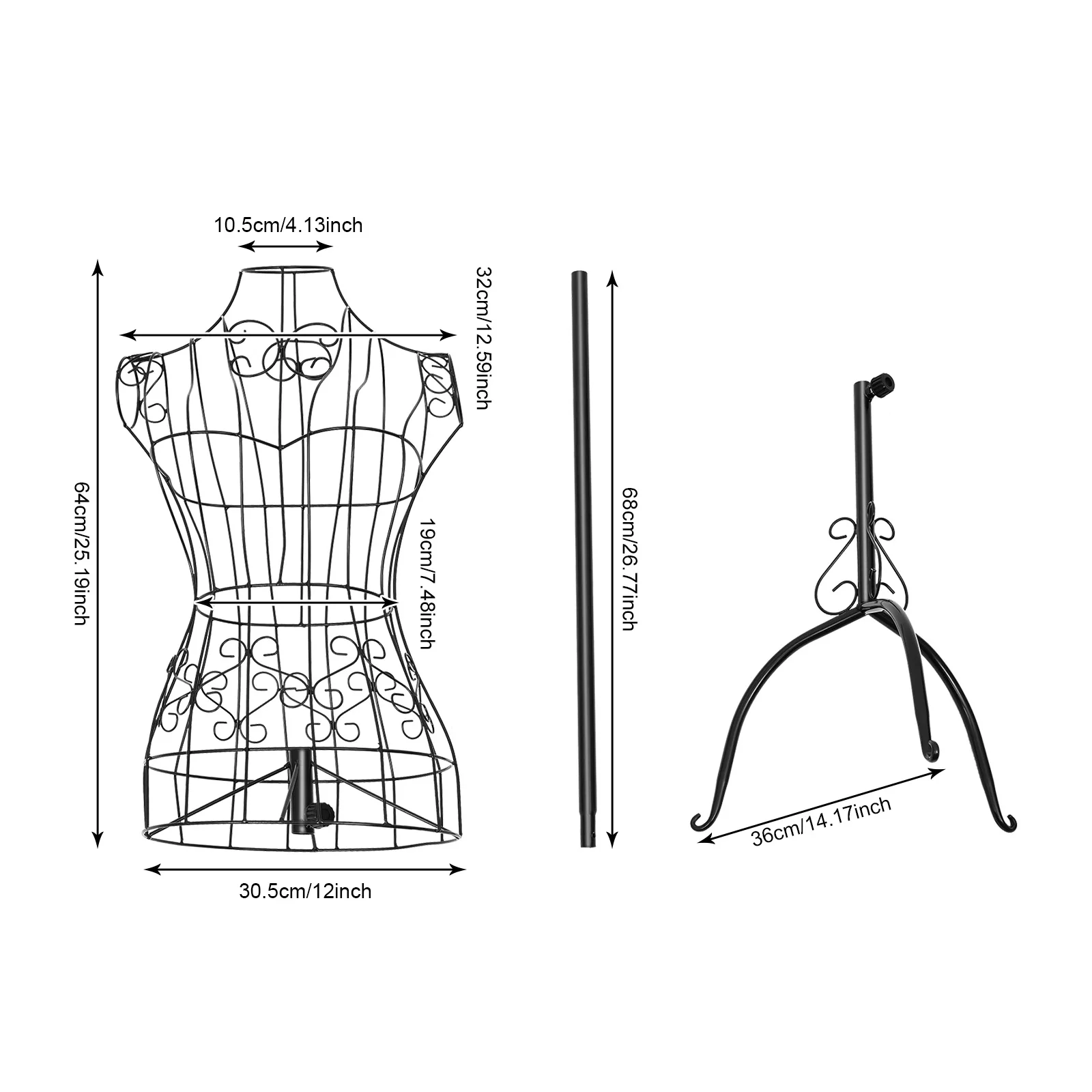 تمثال نصفي عارضة أزياء مزخرفة على شكل دمية خياط معدني في مظهر عتيق عتيق ملابس مزخرفة باللون الأسود