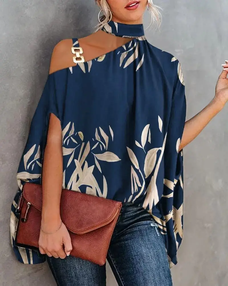 Street Sle Faionable Printed irt Women's Ne Hanging Batwing Sve Ladies' Blouse Spring Summer Autumn Polyester Cott...