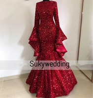 Burgundy Sequin Evening Dresses Long Sleeves Prom Gowns Crew Mermaid Wedding Party Gowns Zipper Back Robe De Soiree Customized