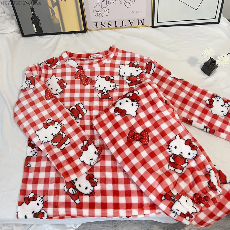 Sanrio Hello Kitty Home Clothes Red Plaid Plush Top Pullover Pants Women 2 Piece Set Cartoon Soft Flannel Cute Pajamas Suit Y2k