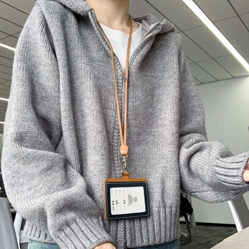 Gray Hooded Cardigan Women Solid Zip-up Coat Warm Sweater Korean Style Knitted Soft Cozy Simple Autumn Winter Classic New
