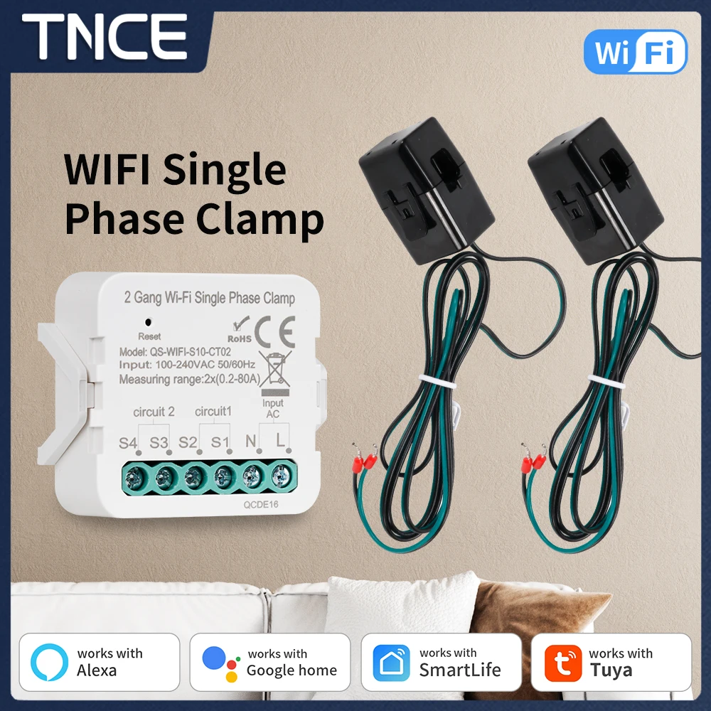 TNCE Tuya Smart WiFi Energy Meter 1/2gang Meter Switch with CT Clamp Sensor App Real-time Monitor Power Consumption Monitor