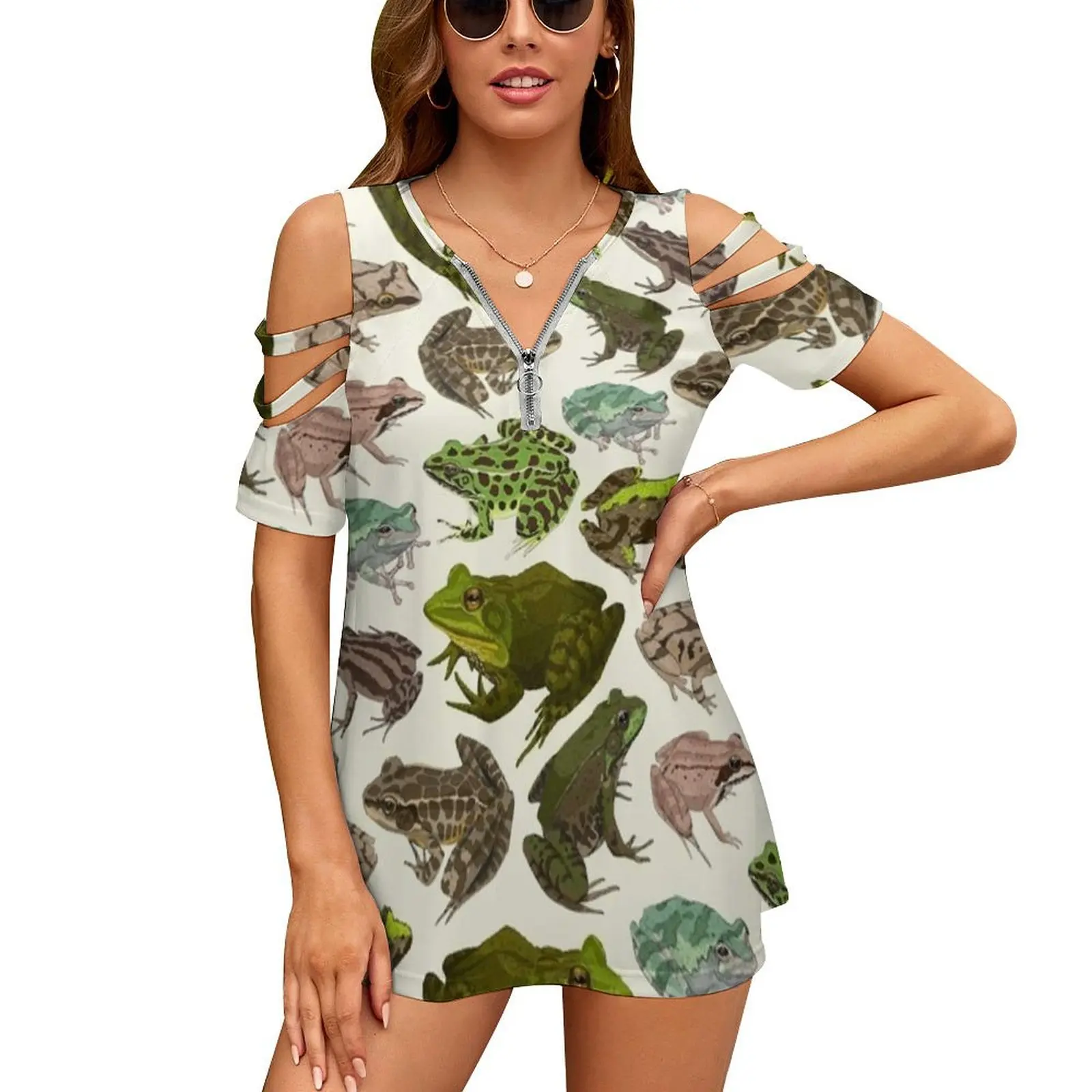 For The Love Of Frogs New Fashion Zip Off Shoulder Top Short-Sleeve Women Shirt Frog Frogs Toad Amphibian Animal Nature Peeper