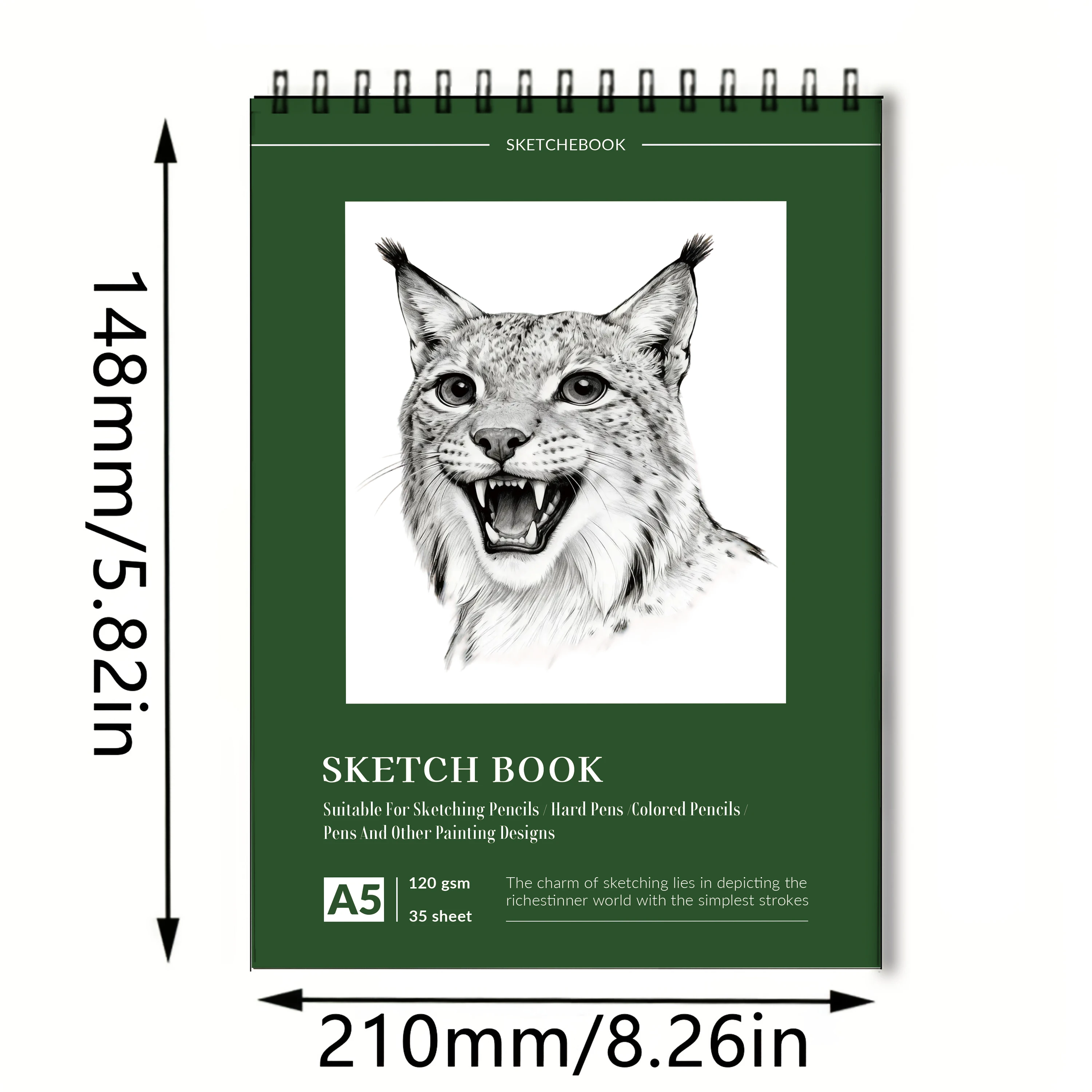 A5 Spiral-Bound Art Sketchbook, Lynx Portrait Cover Drawing Pad, 35 Sheets (120gsm) Acid-Free Paper, Ideal for Pencil, Charcoal