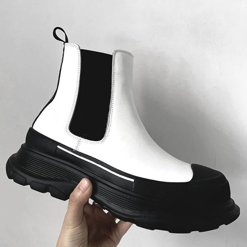 Korean style men's boots slip-on natural leather shoes black white cowboy platform ankle boot trendy autumn winter chelsea botas