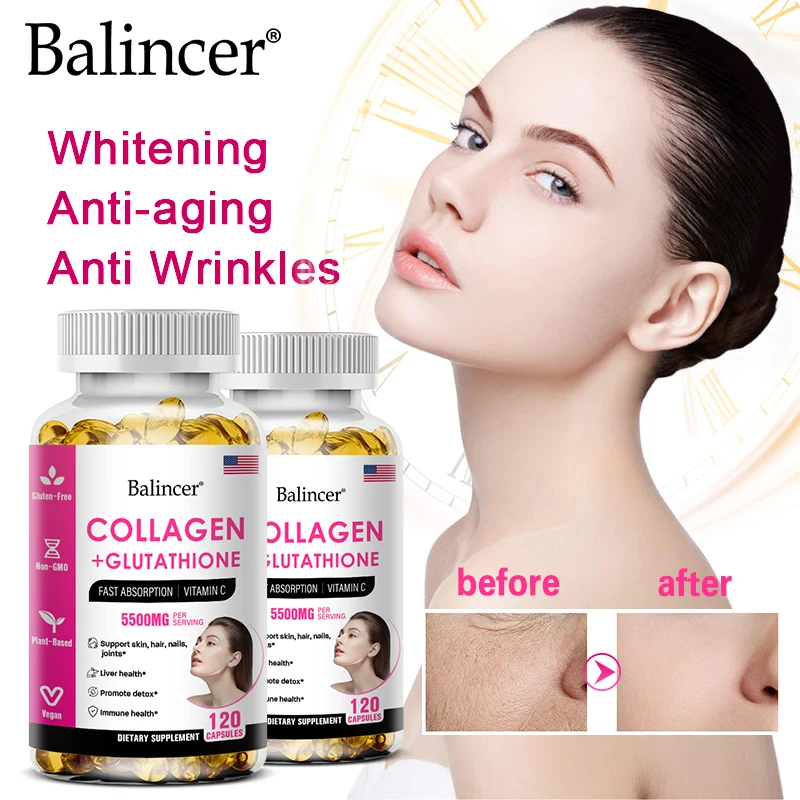 Glutathione + Collagen Supplement - Vitamin C Antioxidant - Whitening Skin, Hair, Nails, Joints, Liver Cleansing Support