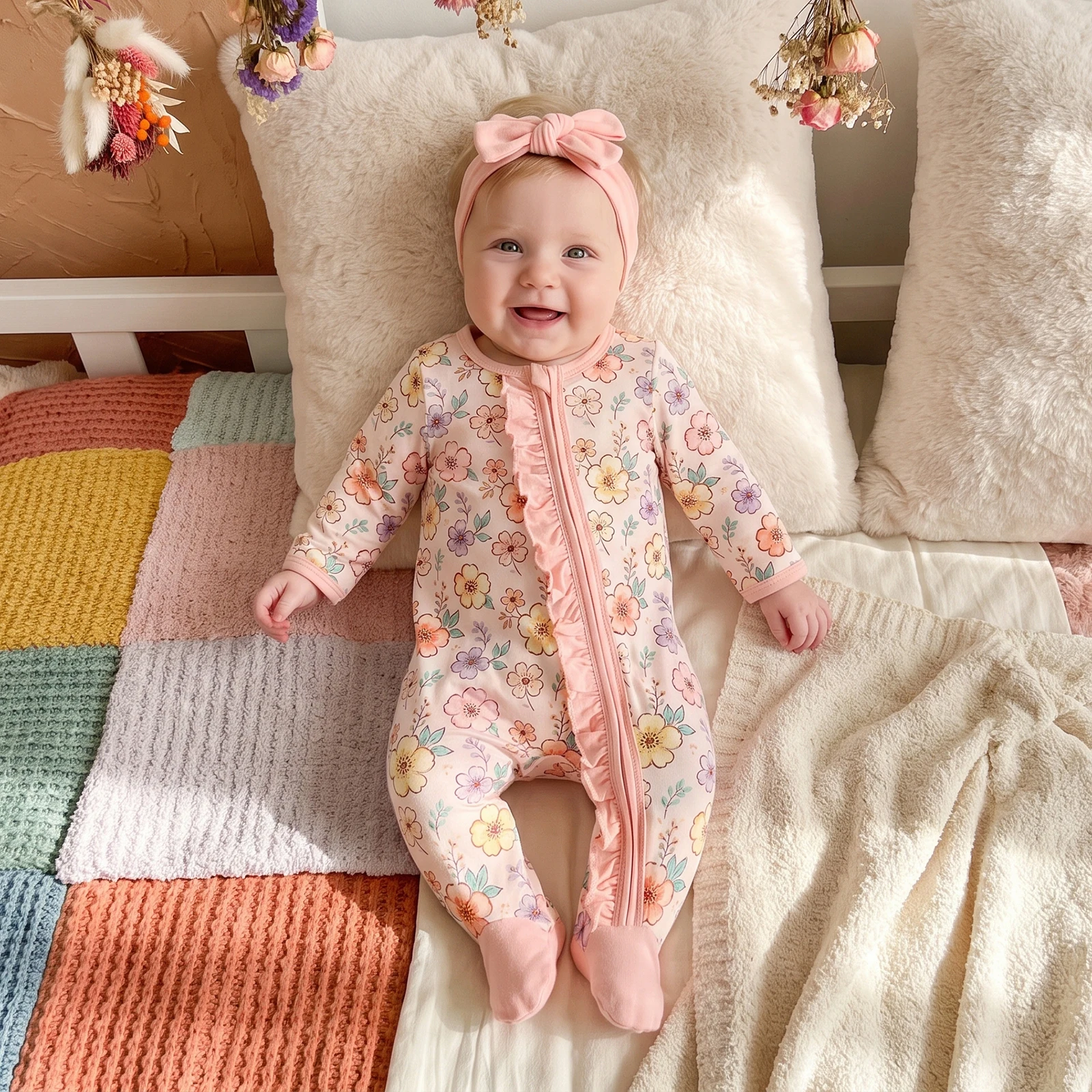 Baby Girls Fall Footies Romper Floral Print Ruffled Jumpsuits Headband