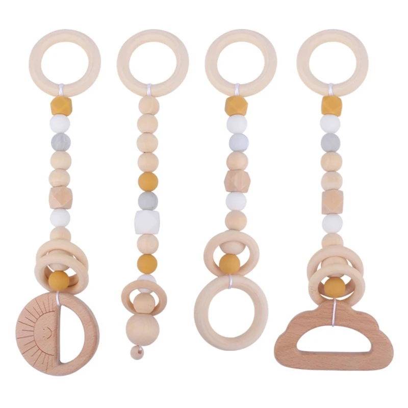 4 Pcs/Set Baby Gym Frame Pendant Beech Wooden Ring Teether Stroller Rattle Infants Newborn Teething Nursing Molar Shower