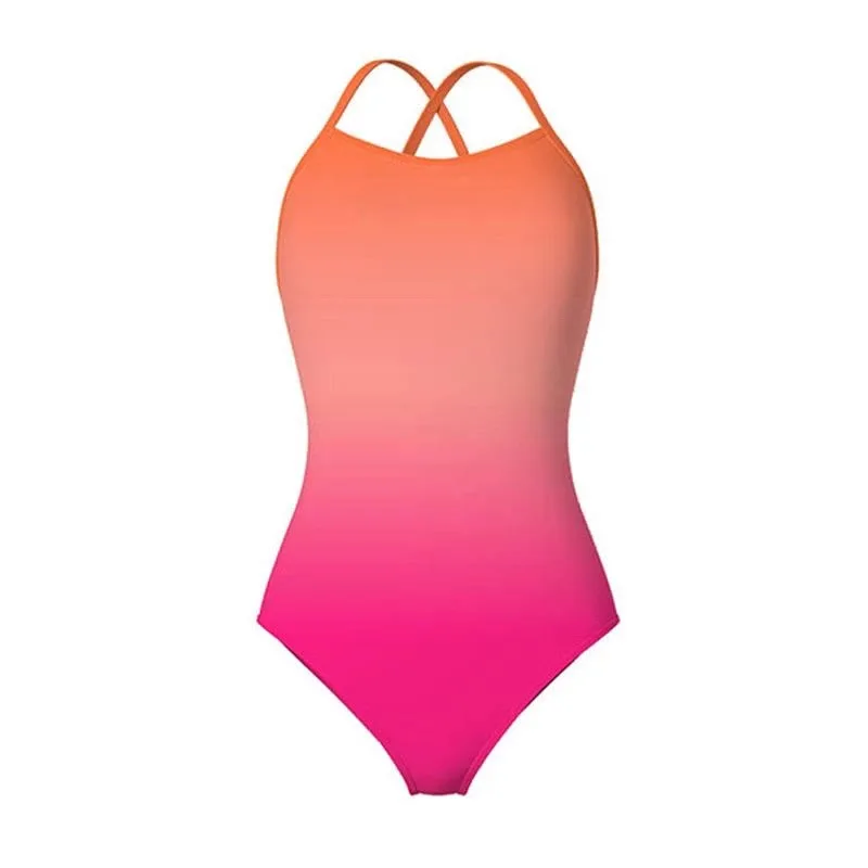 

Womens Gradient Crisscross Back One Piece Swimsuit Slim Fit Training Athletic Bathing Suit