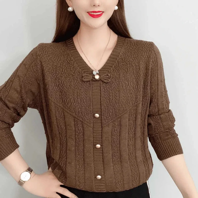 Lente Herfst Nieuwe V-hals Lange Mouw Mode Trui Vrouwen High Street Bow Button Truien Elegant Casual Losse All-match Tops