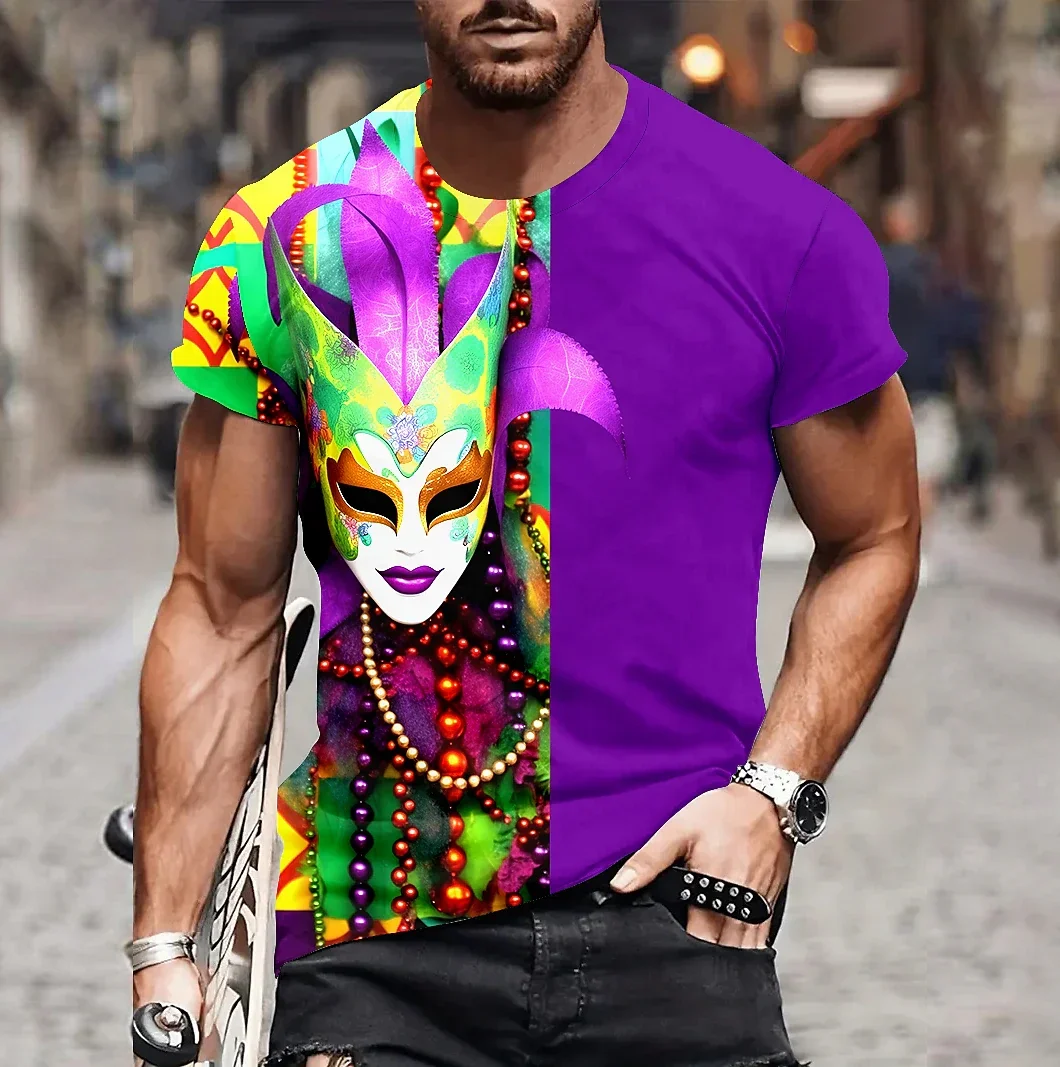 Mask Print Men's T-shirt Carnival Art Men's Top Retro T-shirt Summer Leisure Short sleeved T-shirt Harajuku Men's Pullover Large