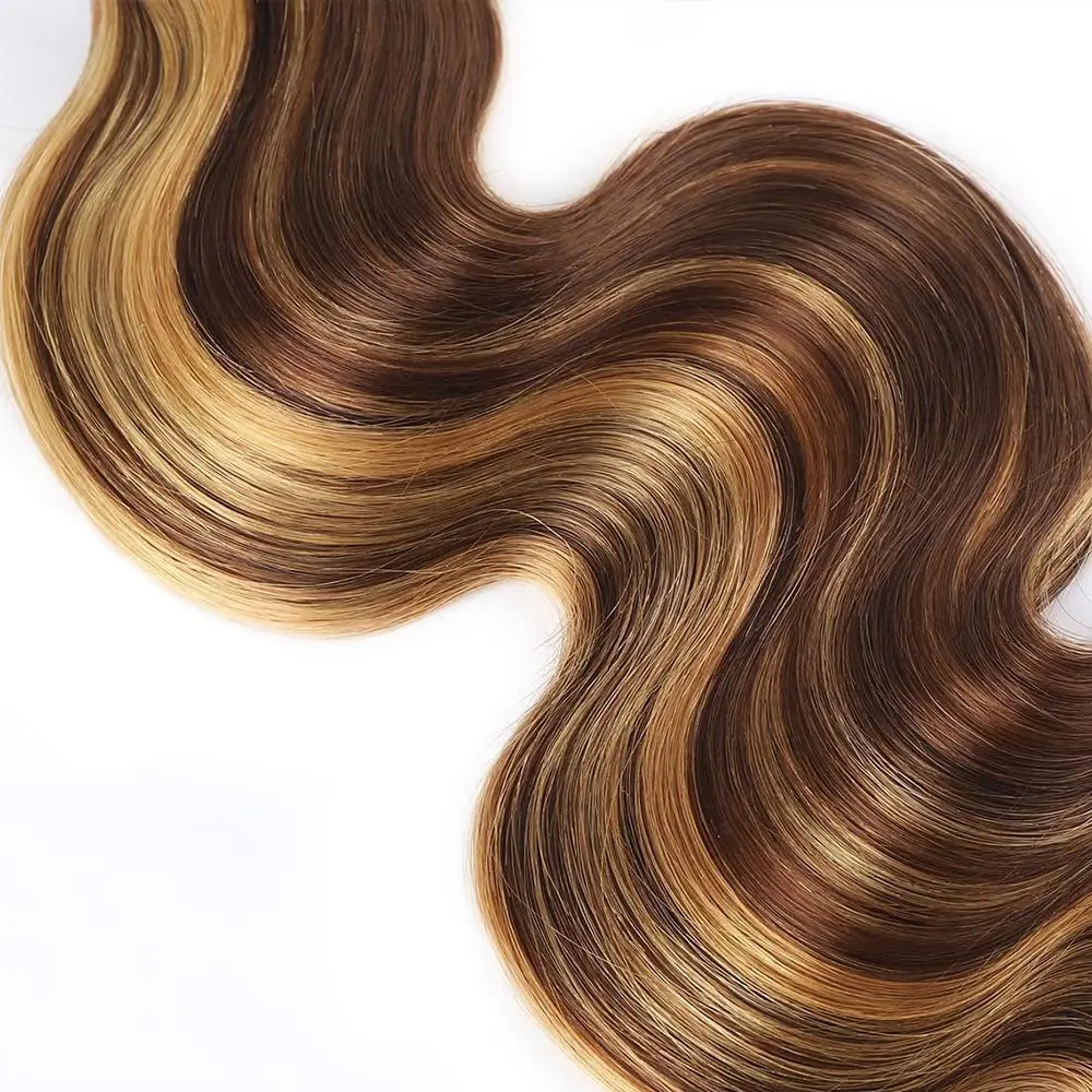 Extensiones de cabello humano resaltado, extensiones de cabello humano ombré P4/27, cuerpo ondulado, 1 paquete, cabello humano brasileño Remy marrón