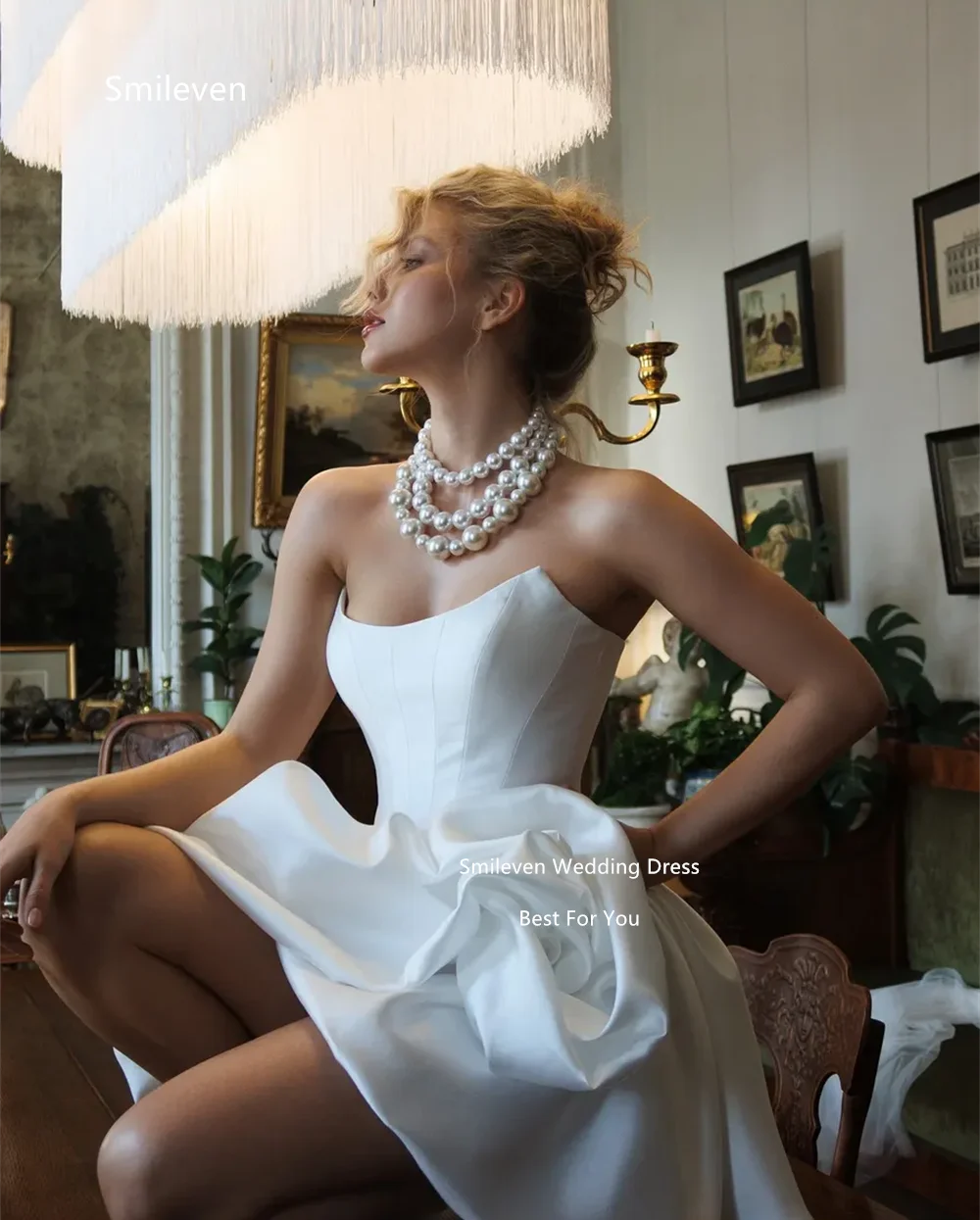 Smileven White Mini Ball Gown Wedding Dresses Strapless Square Neck Sleeveless Bridal Dress Rose Corset Short Gowns Customized