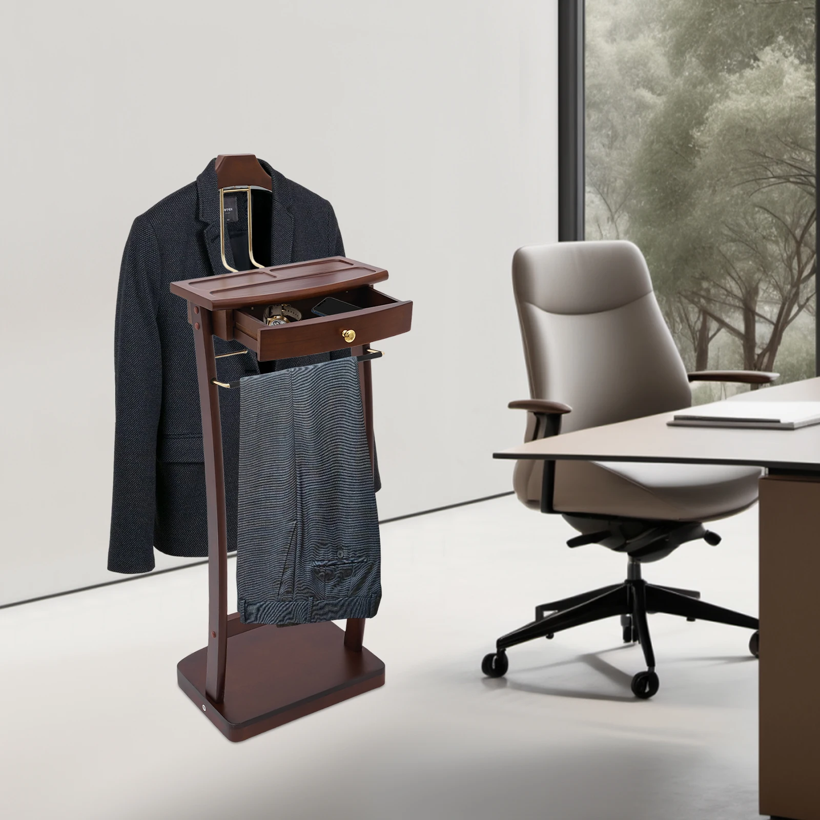 حامل ملابس قائم بذاته مع حامل بدلة قاعدة قوي 17.32*11.81*44.09 بوصة لون الجوز لمكتب غرفة الفندق
