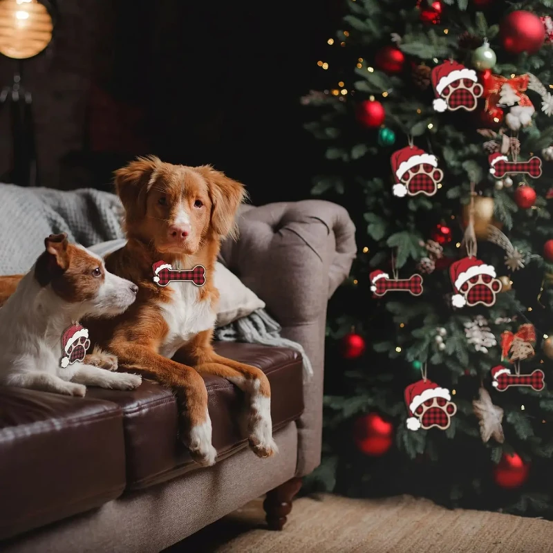 20 Stück Feiertagshundeklaue Bones Weihnachtsdekorationen, Holz, hängend, Weihnachtsbaumschmuck, Haustierthema