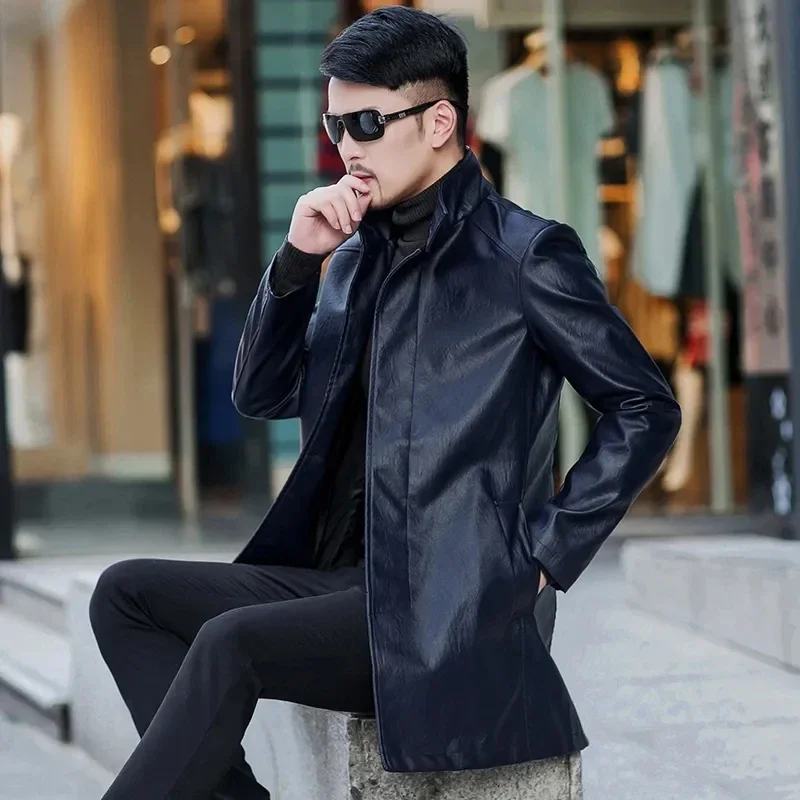 Trench Coats Men Leather Jackets Business  Long Fashion Casual Mid-Length Motorcycle Outwear Jaqueta Masculina