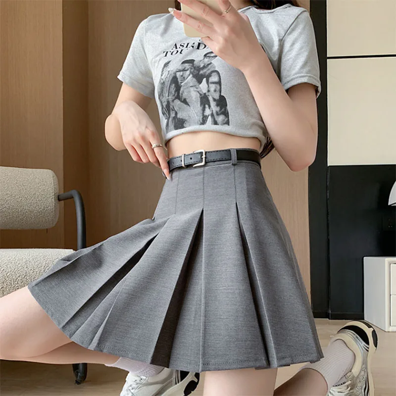 Faldas plisadas de cintura alta de estilo coreano, moda de verano para mujer, Falda corta adelgazante con cinturón, ropa de calle Retro, faldas acampanadas