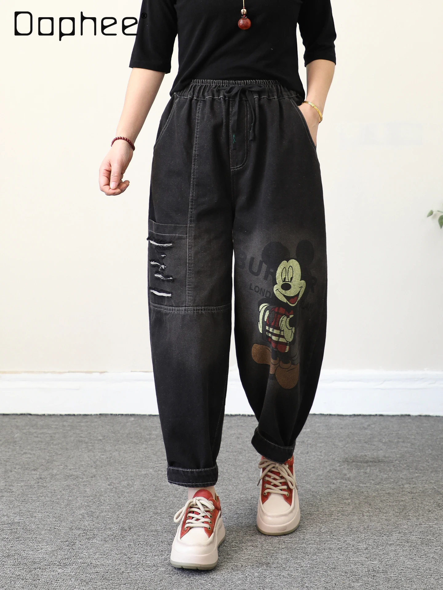 

Vintage Black Cartoon Print Jeans for Women Loose Pocket Ripped Denim Cropped Harem Pants Autumn Baggy Jeans Women 2025 New
