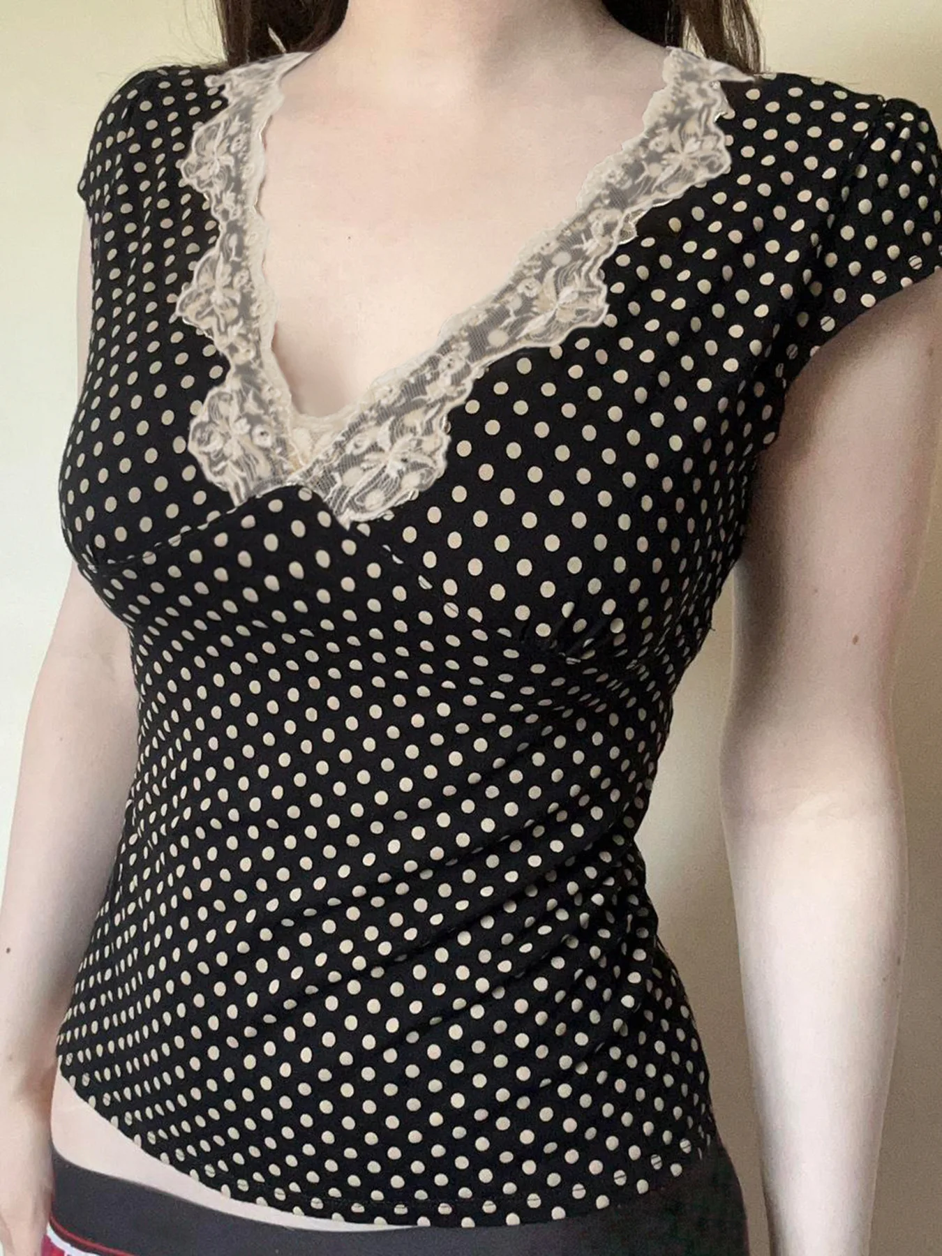 French Polka Dot Lace Deep V Neck Sweet Cute Top Women's Casual Base Layer Shirt Across Borders European And American