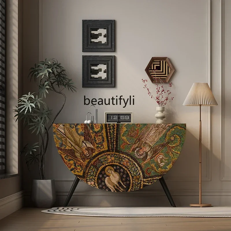 

ss K178 ss25 retro home entrance cabinet, living room against the wall, solid wood storage table, semi-round large-capacity deco