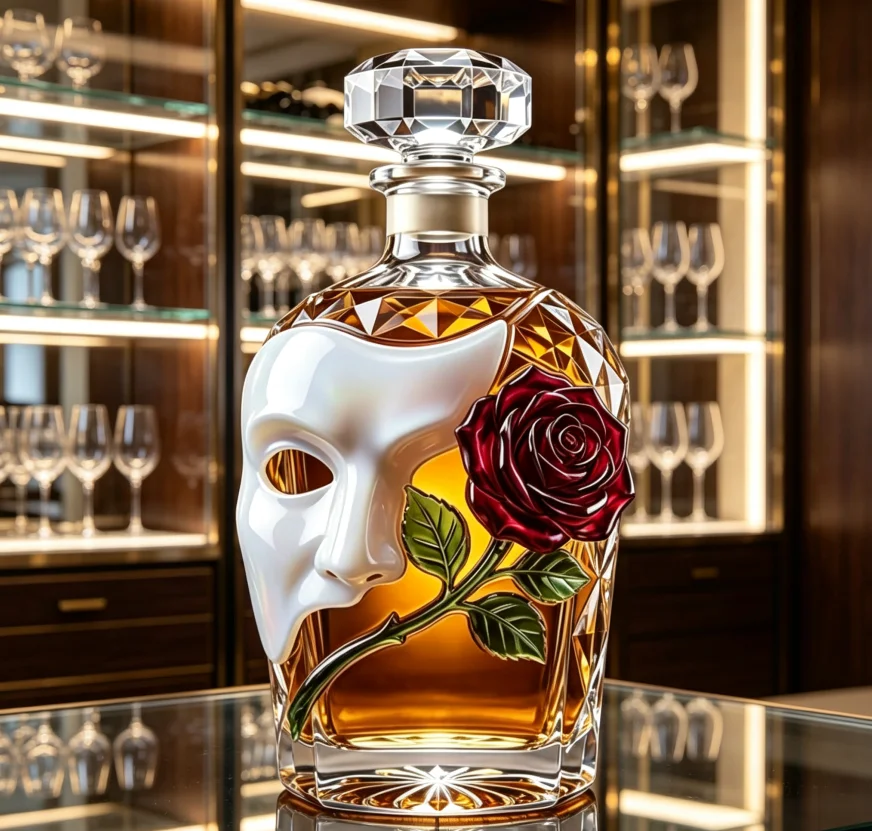 Crystal Decanter with Mask Rose Enamel Art Design, Luxury Clear Glass Liquor Carafe for Whisky Brandy Wine, Premium Home Bar