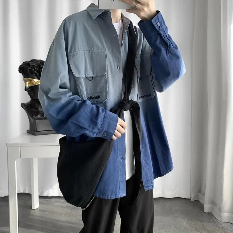 spring autumn new Turn-down Collar Long Sleeve fashion shirt man High street Button pocket patchwork Cardigan Contrast color top