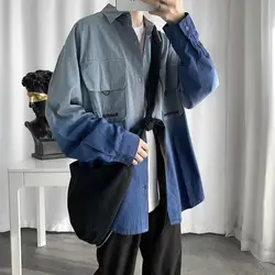 spring autumn new Turn-down Collar Long Sleeve fashion shirt man High street Button pocket patchwork Cardigan Contrast color top