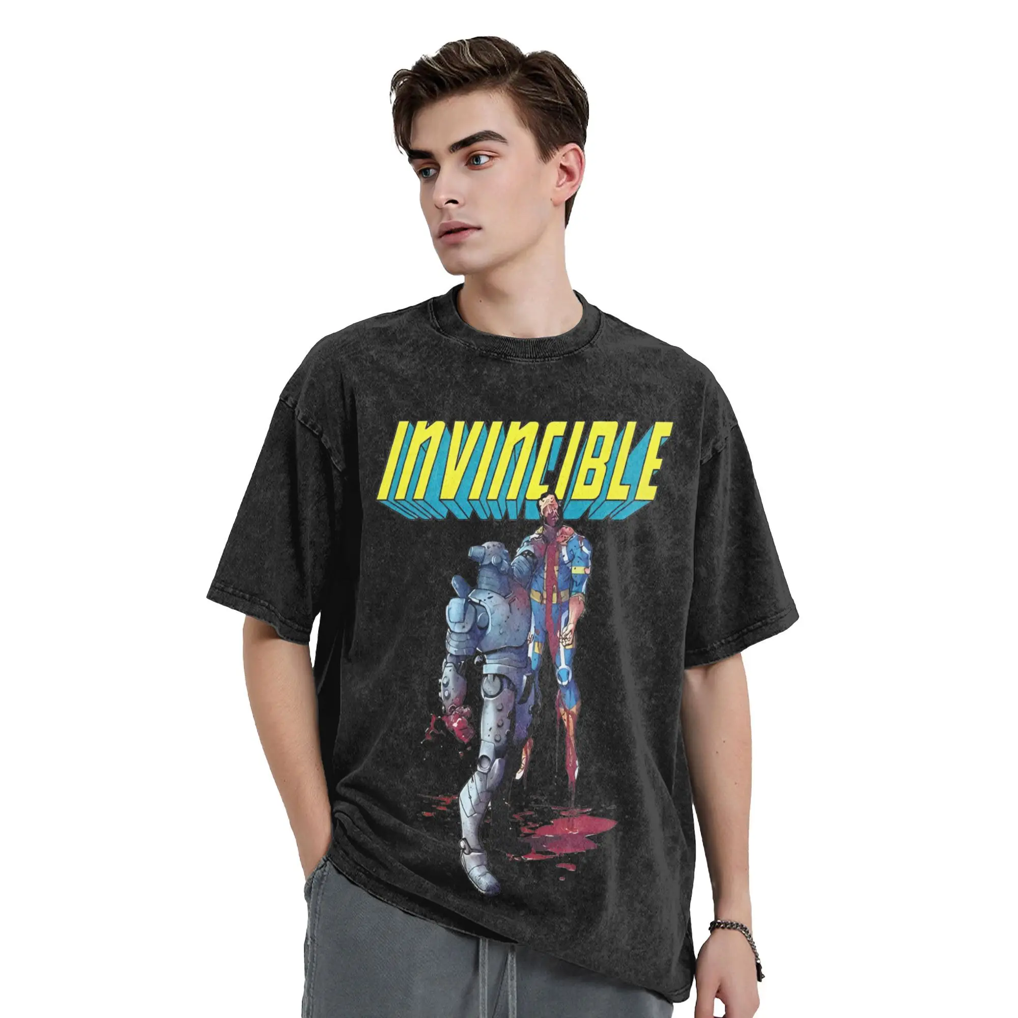 Robot Vs Immortal Invincible Washed T Shirt Streetwear Hip Hop Novelty T-Shirt  Tee Shirt for Men Women Cotton Harajuku