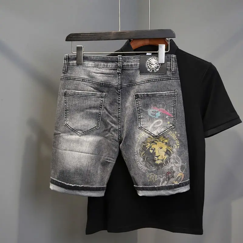Summer Black Gray Ripped Denim Shorts Men's Fashion Casual Five-point Pants Korean Printed Pattern Medium Pants Male Jeans