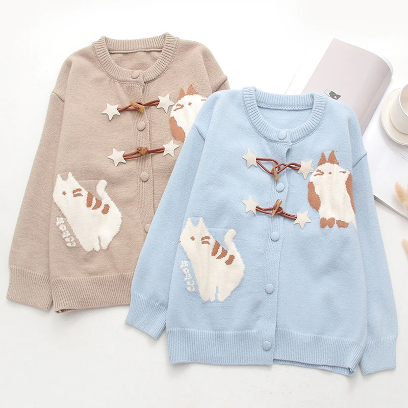 

Autumn Winter Sweet And Cute Cartoon Cat Jacquard Horn Button Knitted Cardigan Women Clothing Blue Color Sweater Coat U011