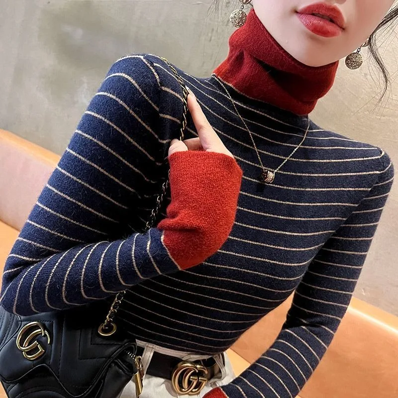 

Women's Clothin Velvet Striped Turtleneck Sweater Autumn Winter New Style Contrasting Color Bottoming Shirt with a Western Style