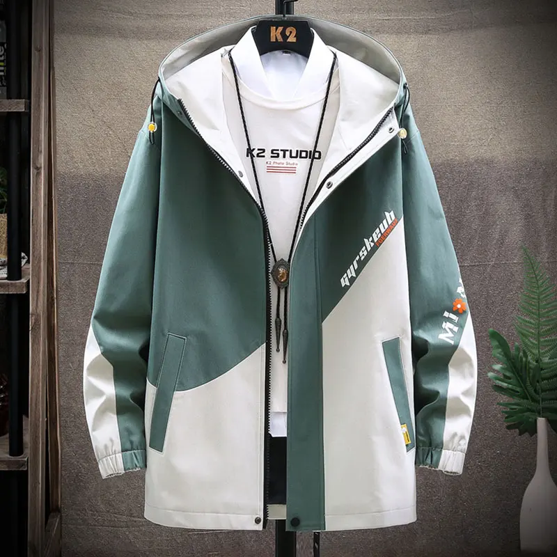 

Модная лоскутная рабочая одежда для мужчин, весна-осень 2024, новинка 2024, джерт средней длины с капюшоном для мальчиков-подростков, повседневная одежда из полиэфирного волокна