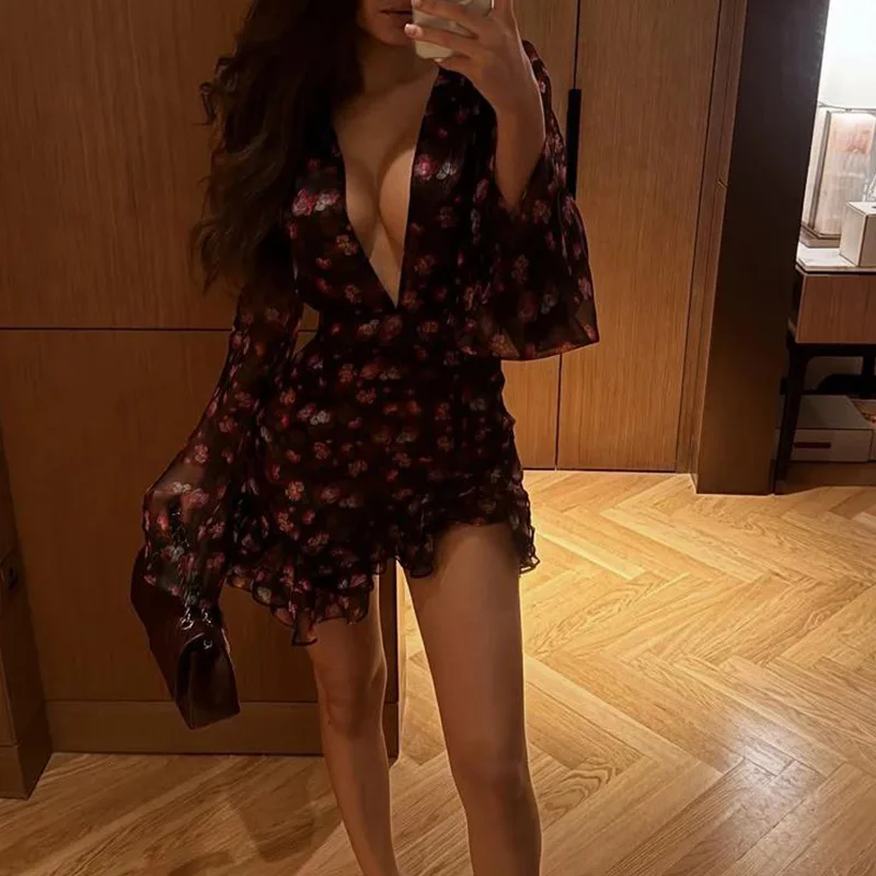 

SKMY 2026 Spring New Chiffon Dress Deep V-Neck Floral Printed Ruffles Edge Long Sleeve Short Dresses Women Clothing Party Wear