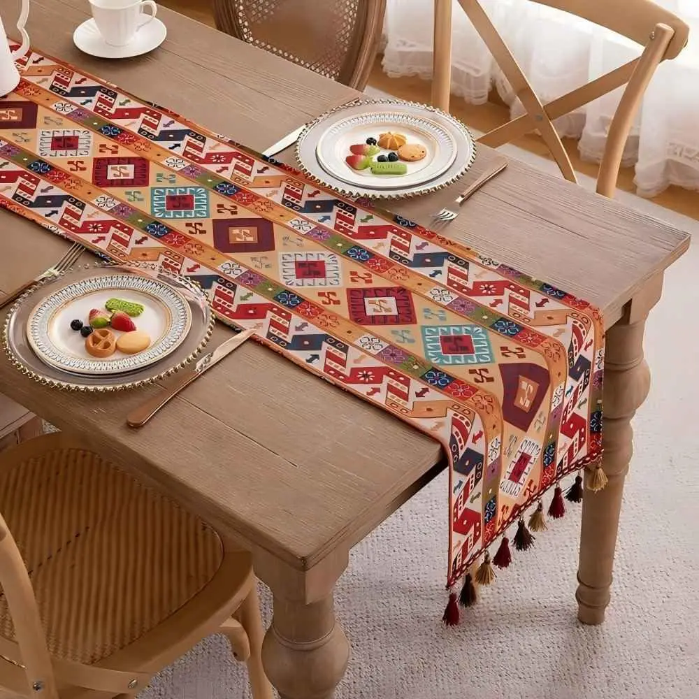 

Bohemia Jacquard Table Runner, Vintage Boho Table Runner, Orange Diamond Cotton Blend with Tassels for Dining Table Party