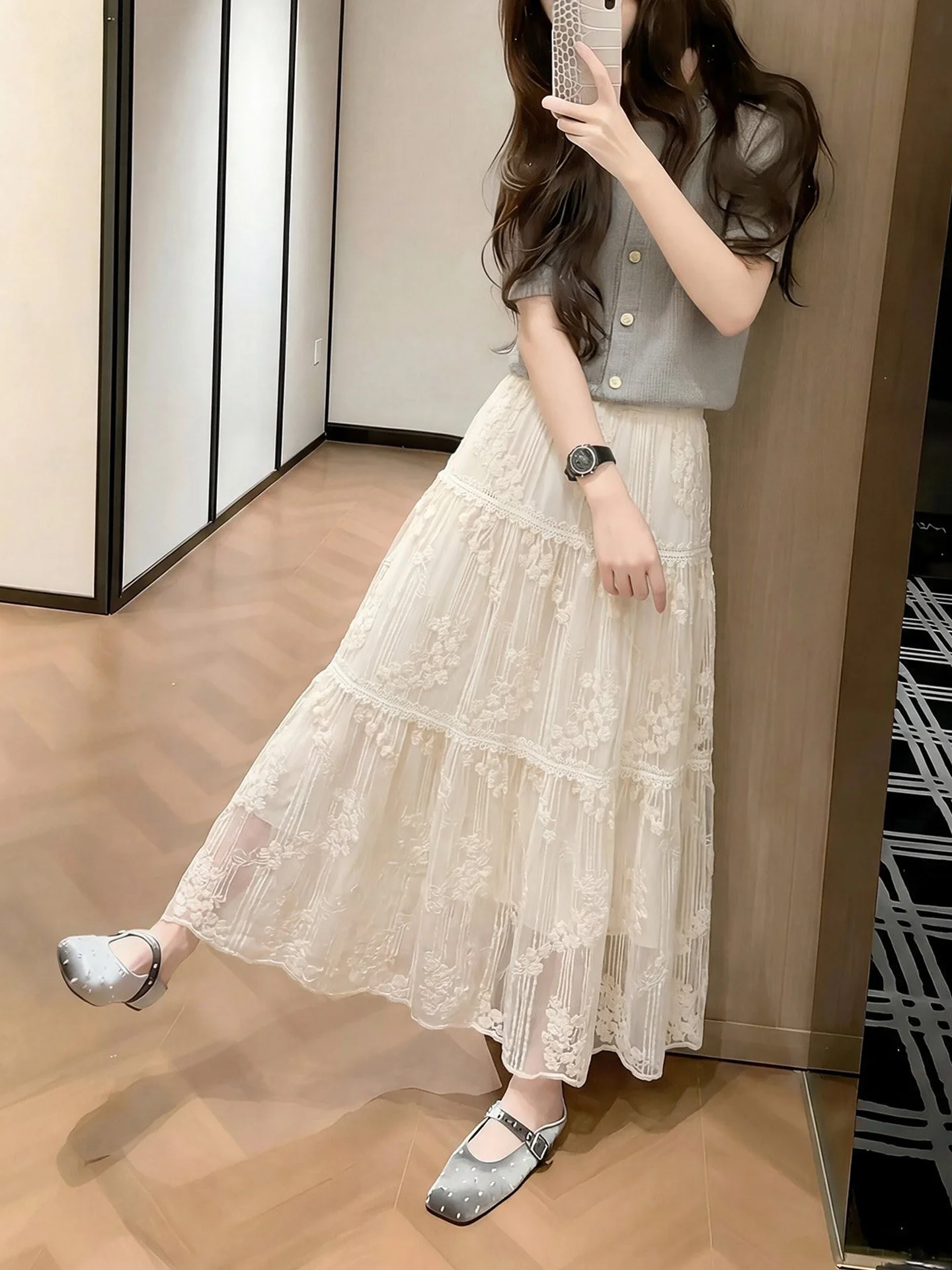 Korean Style Country  Light Tawny Lace A-Line  Skirt Women's High Waist Slim Fit Cake Long Skirts for Autumn