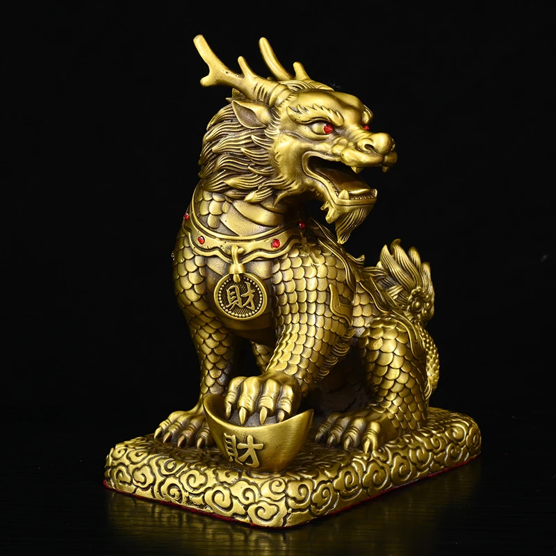 Old Brass Kylin statue Wealth Qilin mythical beast a pair Yuanbao coins base Study screen Amass wealth Ornaments Town house