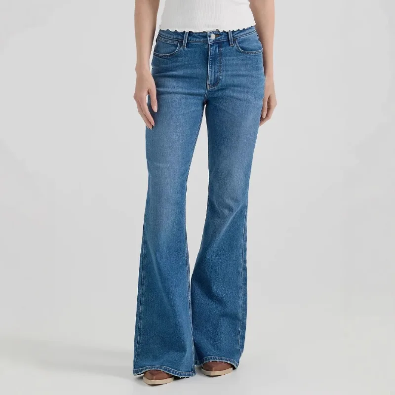 Damen Four Seasons New Fashion Denim Hoch taillierte Schlaghose, einfache und bequeme elastische bestickte Temperamentjeans