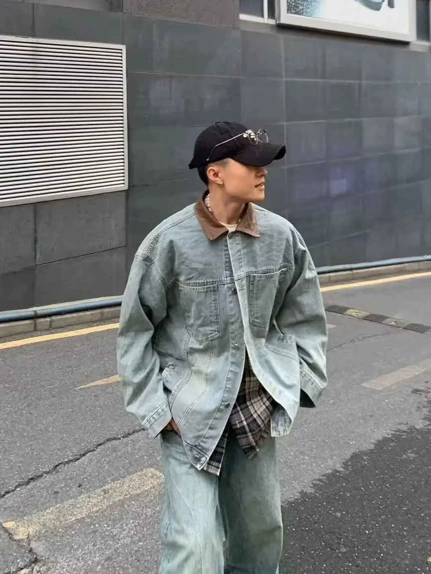 

Мужская джинсовая куртка в американском ретро-стиле с пэчворк-воротником, осенне-зимняя новинка, свободная рабочая куртка из искусственной кожи, укороченная, в стиле рабочей одежды, с эффектом потертости