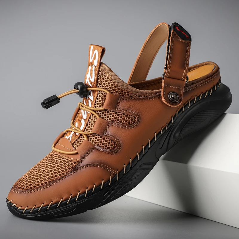 Men's Summer Leather Mesh Sandals Closed Toe Hand Stitched 2 Ways Wear Slippers Outdoor Beach Non-slip Soft Sole Big Size 38-48
