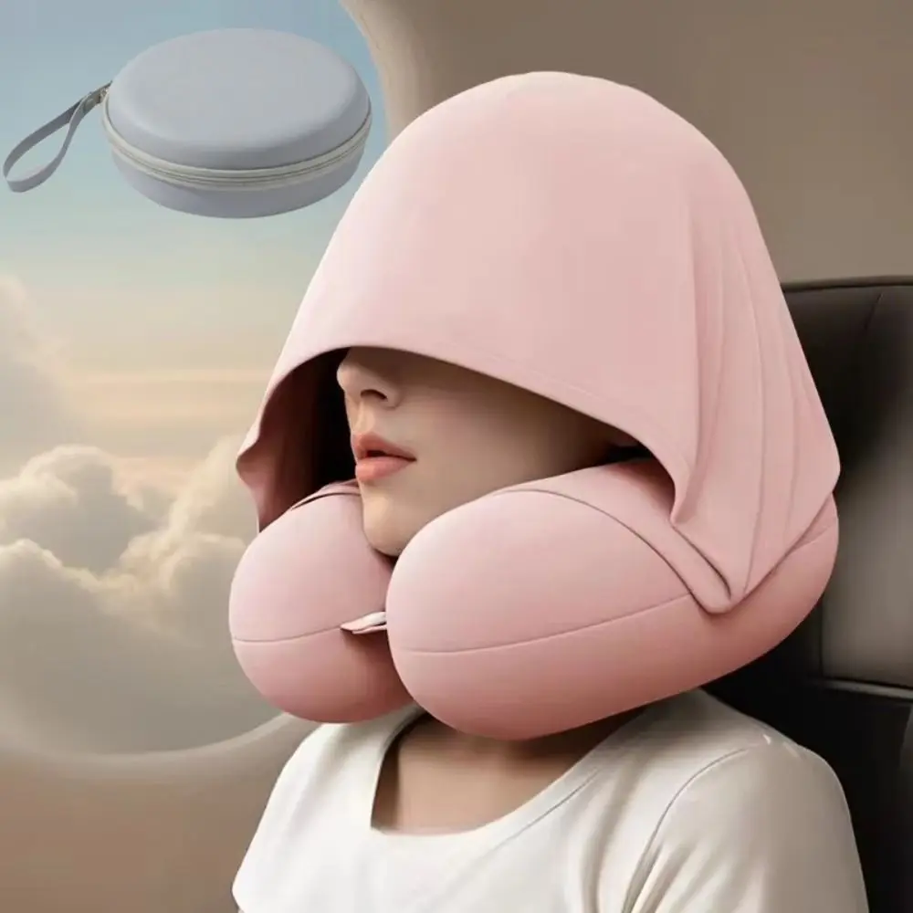 Slow Rebound Hooded Travel Pillow Breathable Fabric Light-blocking U-Shaped Neck Pillow Foldable Design Portable