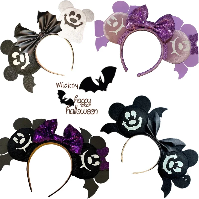 Disney Bat Mickey Ears Headband Women Happy Halloween Hair Bands for Girls Ghost Minnie Mouse Hairband Kids Bow Hair Accessories