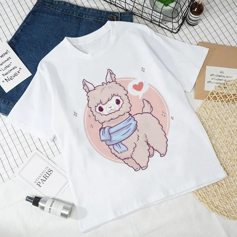 Cute Alpaca Cartoon T-shirt Girl Boy Summer Fashion T-shirt Animal Lion Kids Tshirt Print Children Tops Crew Neck Cartoon Tshirt