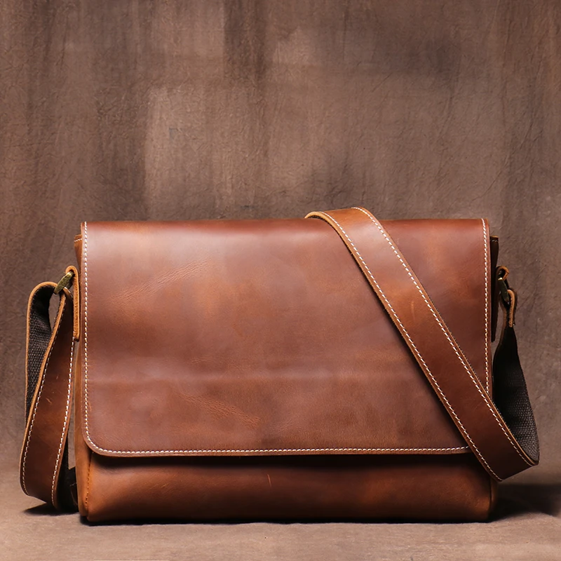 

Retro Crazy Horse Leather Men's Messenger Bag Genuine Shoulder Simple Flap First Layer Cowhide Back Cross-Body