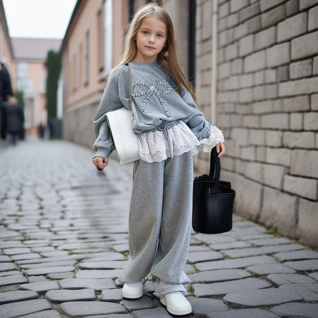 Girls Outfits Set 2025 Spring New Grey Bow Sweatshirt Lace Sweatpants 2-piece Fashion Casual School Teens Children Clothing 12 Y