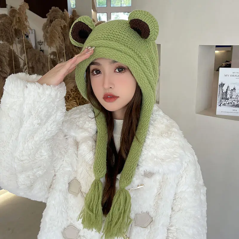 

Frog Hat for Women, Knitting Wool Cap, Korean Version, Cute, Keep Warm, Best Friend, Birthday Gift, Ear Bags, Autumn and Winter