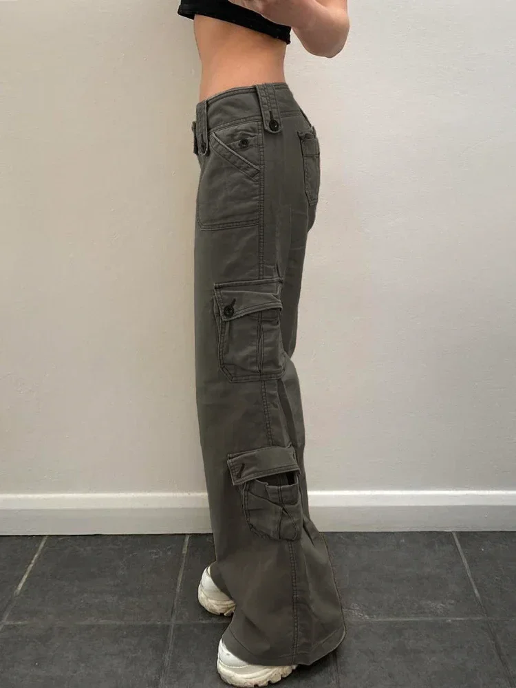 Pantalon en denim taille basse pour femme, pantalon cargo droit, jean streetwear gris décontracté, bouton, poches cousues, vintage, Y2K