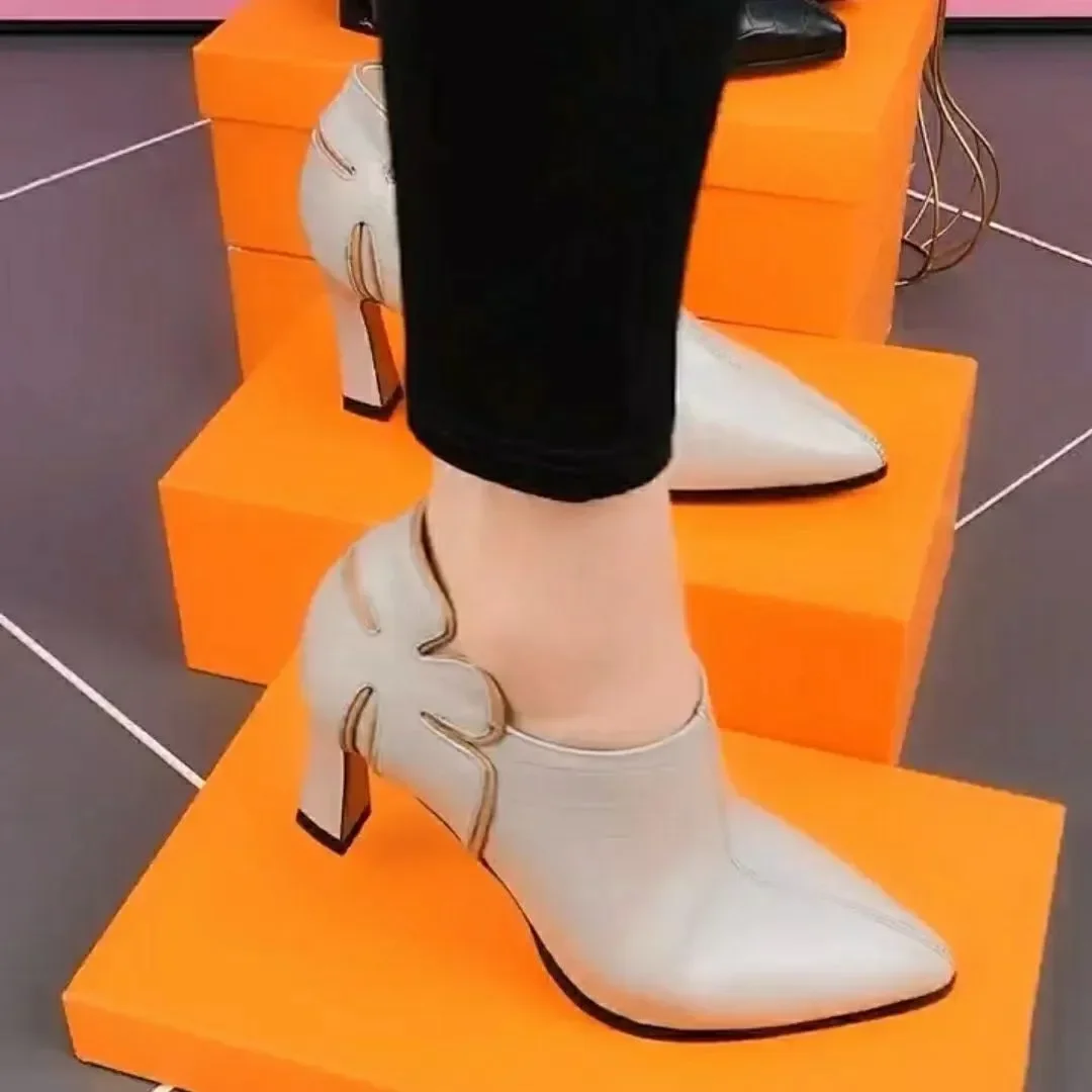 2024 Deep Mouth Solid Color Single Shoes Spring and Autumn New Thick Heel Fashion All-match Pointed Side Zipper Leather Shoes