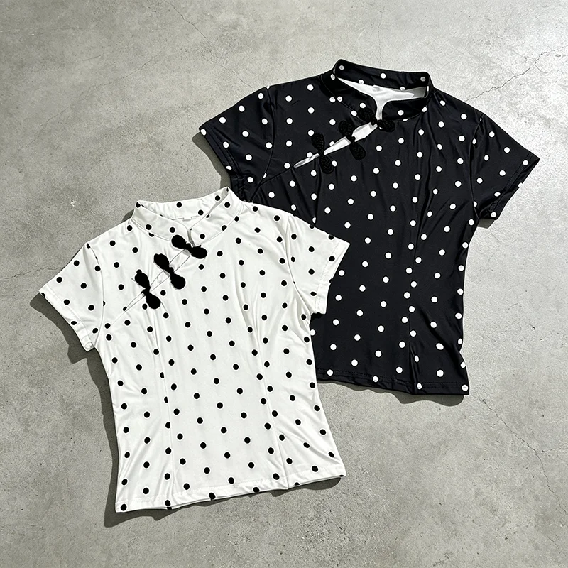 Women New Chinese Style Cheongsam Blouse Polka Dot Short‑Sleeve Stand Collar Frog Button Slim Fit Casual Retro Daily Top
